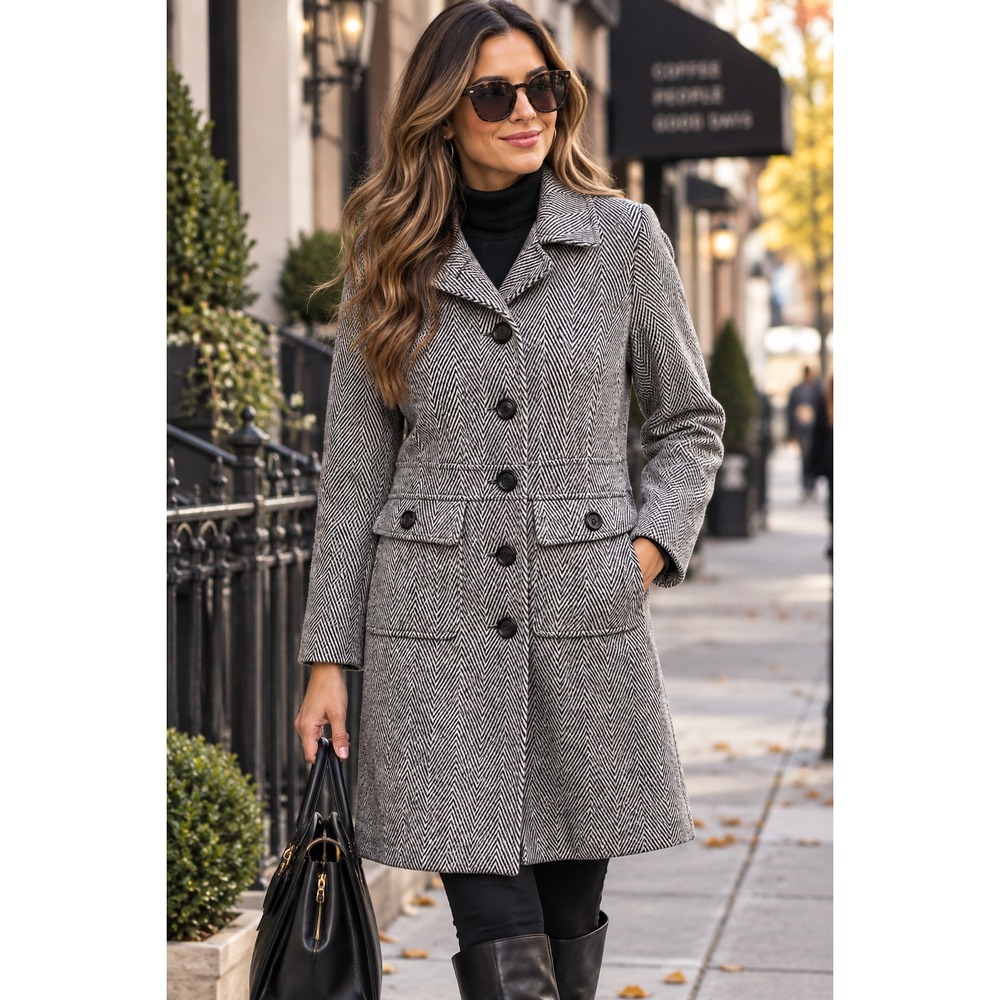 Frenchi Women's Black White Herringbone Wool Blend Coat Button Front Size S